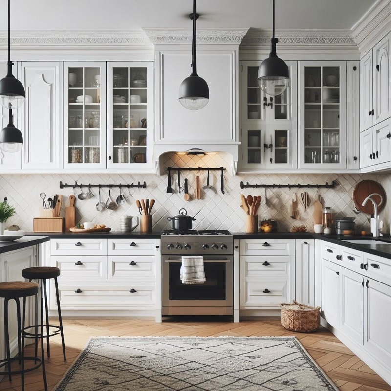 white kitchen cabinets with black hardware