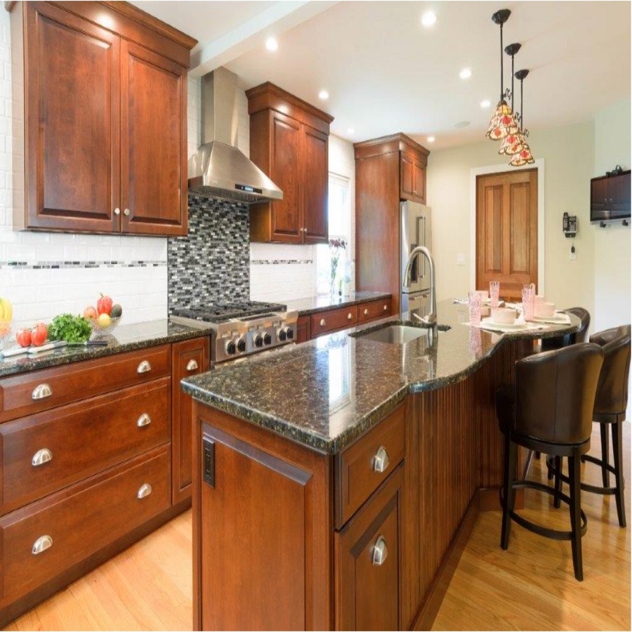 backsplash with brown cabinets
