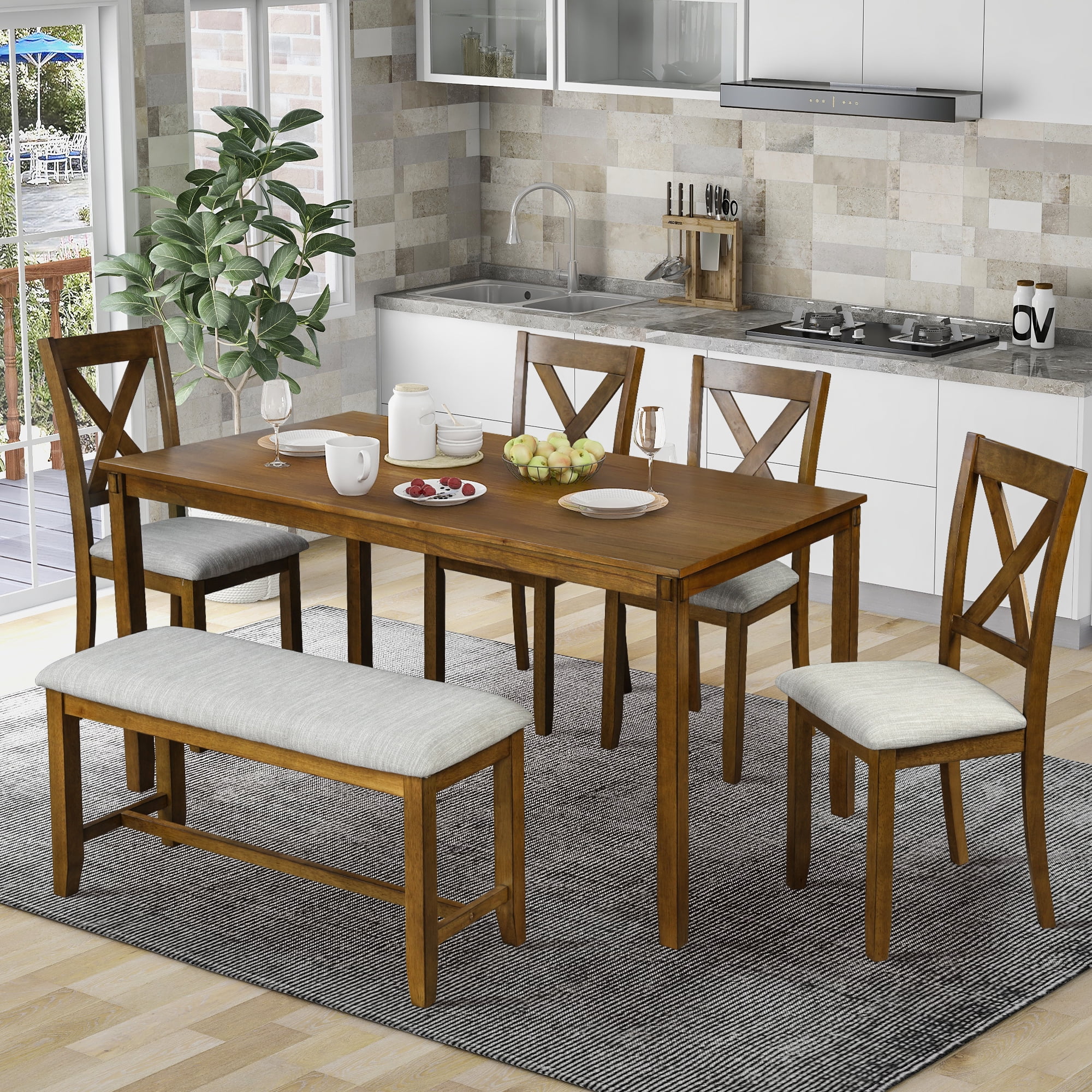 dining room table with bench and chairs